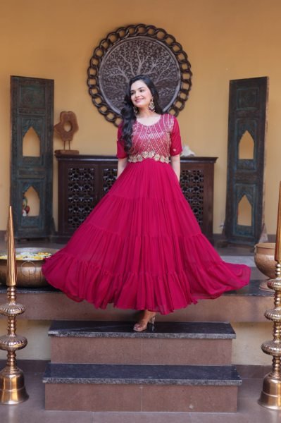 Enchanting Rani Pink Designer Readymade Embroidered Gown at Wholesale Rate for Women Anarkali Kurtis 