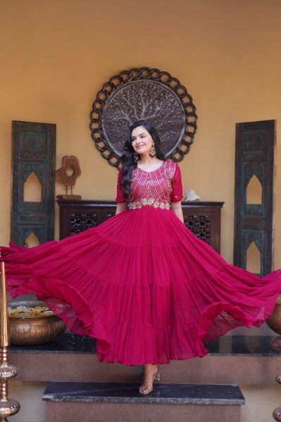 Enchanting Rani Pink Designer Readymade Embroidered Gown at Wholesale Rate for Women Anarkali Kurtis 