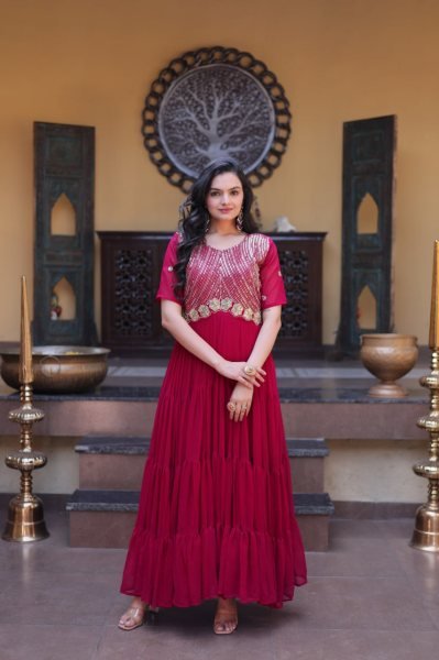 Enchanting Rani Pink Designer Readymade Embroidered Gown at Wholesale Rate for Women Anarkali Kurtis 