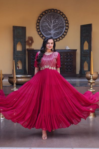 Enchanting Rani Pink Designer Readymade Embroidered Gown at Wholesale Rate for Women Anarkali Kurtis 