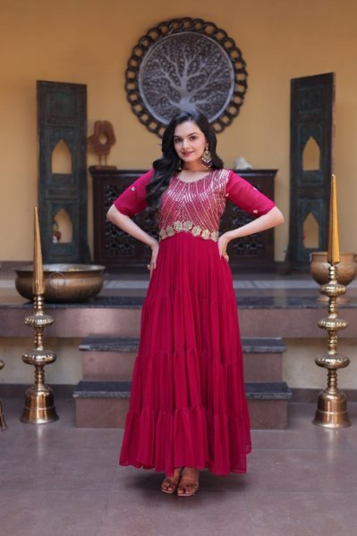 Enchanting Rani Pink Designer Readymade Embroidered Gown at Wholesale Rate for Women Anarkali Kurtis 