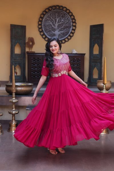 Enchanting Rani Pink Designer Readymade Embroidered Gown at Wholesale Rate for Women Anarkali Kurtis 