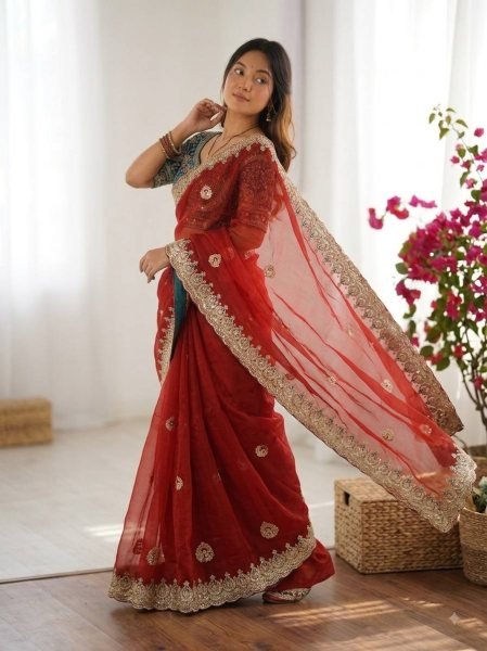 Enchanting Red Designer Soft Space Silk Saree with Heavy Frendy Satin Blouse for Festival Silk Sarees Wholesale