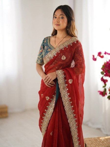 Enchanting Red Designer Soft Space Silk Saree with Heavy Frendy Satin Blouse for Festival Silk Sarees Wholesale