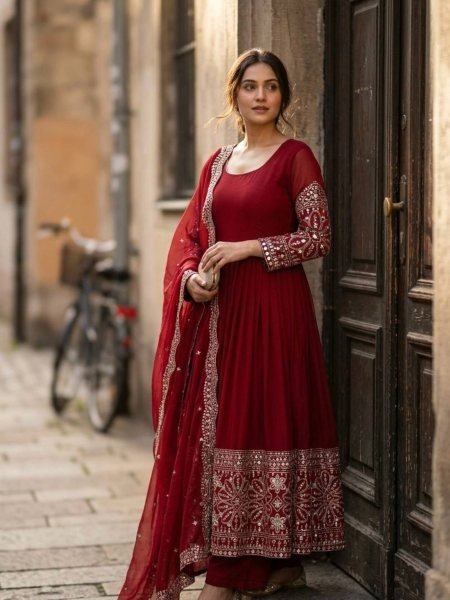 Enchanting Red Women s Chinon Silk Ethnic Wear Collection with Embroidery and Sequences Ready To Wear Suit
