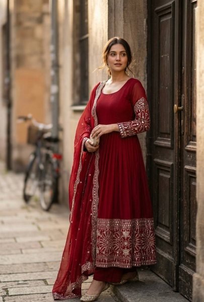 Enchanting Red Women s Chinon Silk Ethnic Wear Collection with Embroidery and Sequences Ready To Wear Collection