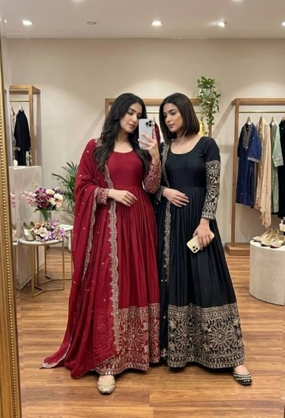 Enchanting Red Women s Chinon Silk Ethnic Wear Collection with Embroidery and Sequences Ready To Wear Collection