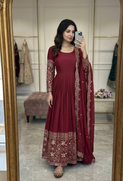 Enchanting Red Women s Chinon Silk Ethnic Wear Collection with Embroidery and Sequences Ready To Wear Collection
