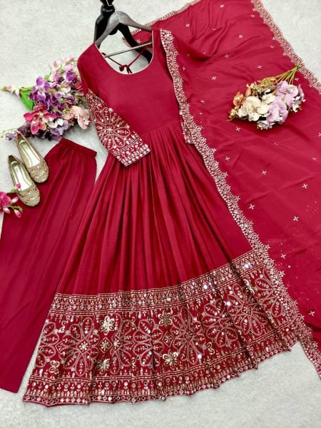 Enchanting Red Women s Chinon Silk Ethnic Wear Collection with Embroidery and Sequences Ready To Wear Collection