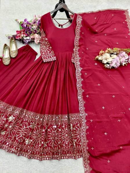 Enchanting Red Women s Chinon Silk Ethnic Wear Collection with Embroidery and Sequences Ready To Wear Collection