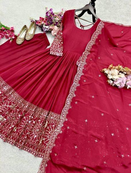 Enchanting Red Women s Chinon Silk Ethnic Wear Collection with Embroidery and Sequences Ready To Wear Collection