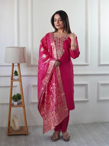 Enchanting Roman Silk Embroidered Top Pant Set with Fancy Jacquard Dupatta for Party Wear Kurtis