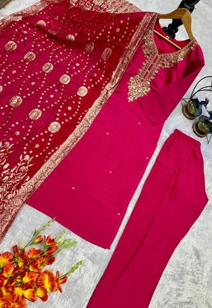 Enchanting Roman Silk Embroidered Top Pant Set with Fancy Jacquard Dupatta for Party Wear 3 Piece Kurti Set