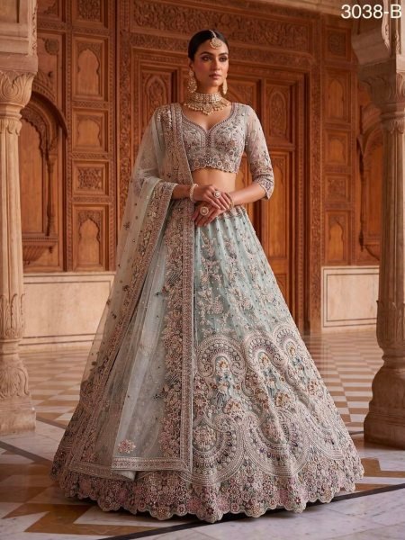 Enchanting Sky Blue Embroidered Lehenga Set with High Volume Flair for Wedding Wear  Lehenga