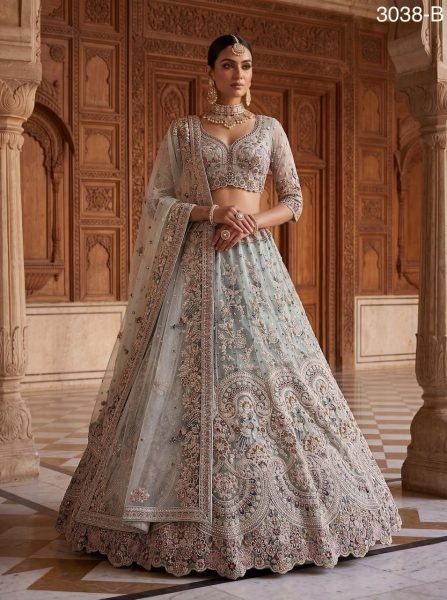 Enchanting Sky Blue Embroidered Lehenga Set with High Volume Flair for Wedding Wear Bridal Lehenga Choli