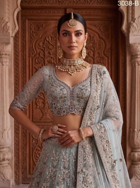 Enchanting Sky Blue Embroidered Lehenga Set with High Volume Flair for Wedding Wear Bridal Lehenga Choli