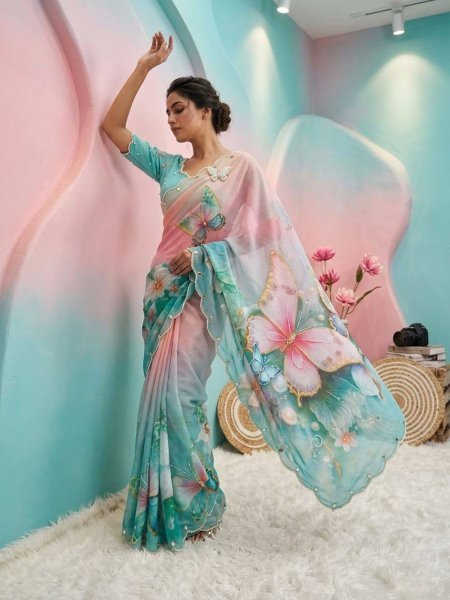 Enchanting Sky Blue Pink Shard Soft Tabby Saree with Butterfly Design  Real Mirror Work Sarees 