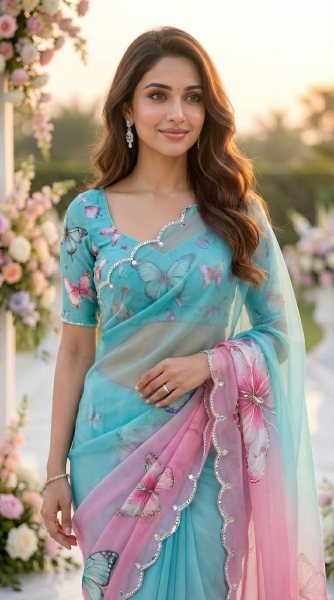 Enchanting Sky Blue Pink Shard Soft Tabby Saree with Butterfly Design  Real Mirror Work Printed Cotton Sarees Wholesale