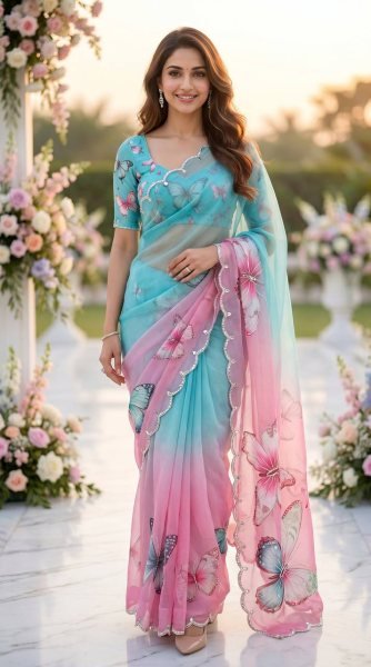 Enchanting Sky Blue Pink Shard Soft Tabby Saree with Butterfly Design  Real Mirror Work Printed Cotton Sarees Wholesale