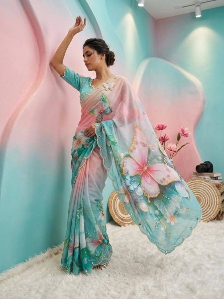 Enchanting Sky Blue Pink Shard Soft Tabby Saree with Butterfly Design  Real Mirror Work Printed Cotton Sarees Wholesale
