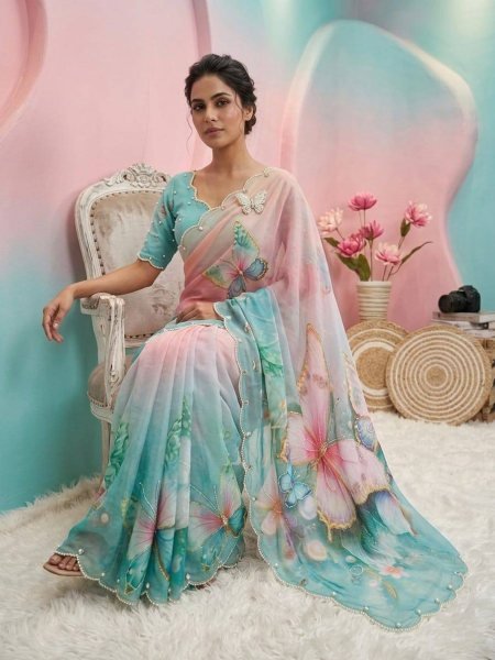 Enchanting Sky Blue Pink Shard Soft Tabby Saree with Butterfly Design  Real Mirror Work Printed Cotton Sarees Wholesale