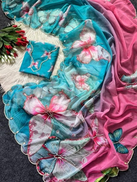 Enchanting Sky Blue Pink Shard Soft Tabby Saree with Butterfly Design  Real Mirror Work Printed Cotton Sarees Wholesale