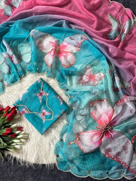 Enchanting Sky Blue Pink Shard Soft Tabby Saree with Butterfly Design  Real Mirror Work Printed Cotton Sarees Wholesale