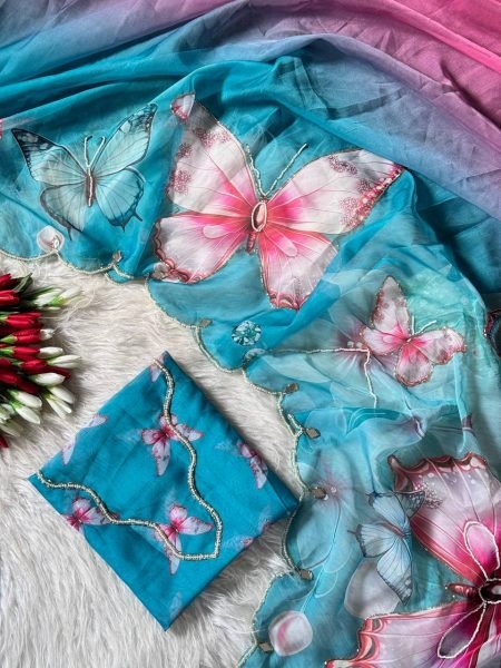 Enchanting Sky Blue Pink Shard Soft Tabby Saree with Butterfly Design  Real Mirror Work Printed Cotton Sarees Wholesale