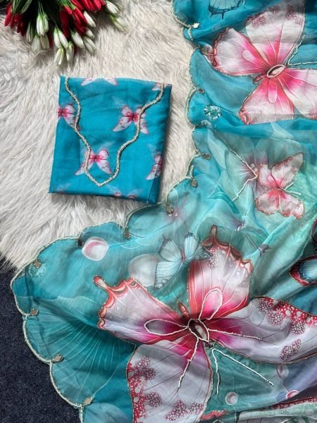 Enchanting Sky Blue Pink Shard Soft Tabby Saree with Butterfly Design  Real Mirror Work Printed Cotton Sarees Wholesale