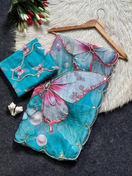 Enchanting Sky Blue Pink Shard Soft Tabby Saree with Butterfly Design  Real Mirror Work Printed Cotton Sarees Wholesale
