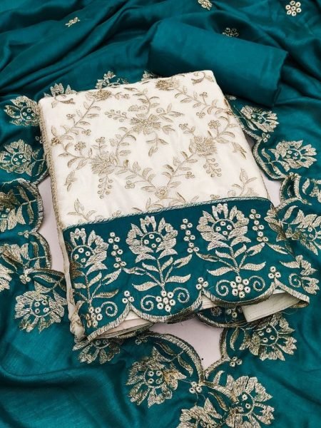 Enchanting Teal Blue Designer Vichitra Silk Dress Material with Embroidered Dupatta 