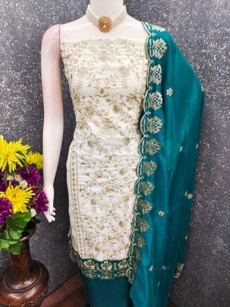 Enchanting Teal Blue Designer Vichitra Silk Dress Material with Embroidered Dupatta Color Set Matching Dress Material Wholesale