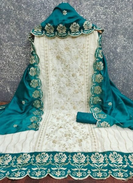 Enchanting Teal Blue Designer Vichitra Silk Dress Material with Embroidered Dupatta Color Set Matching Dress Material Wholesale