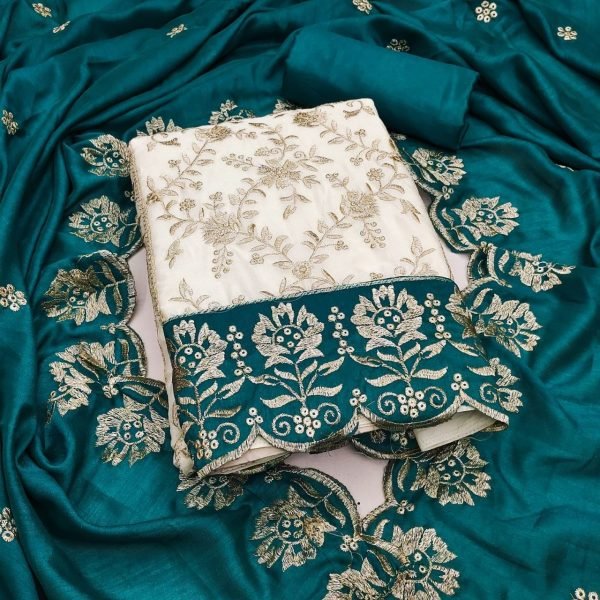Enchanting Teal Blue Designer Vichitra Silk Dress Material with Embroidered Dupatta Color Set Matching Dress Material Wholesale