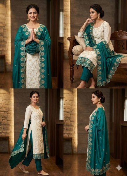 Enchanting Teal Blue Designer Vichitra Silk Dress Material with Embroidered Dupatta Color Set Matching Dress Material Wholesale