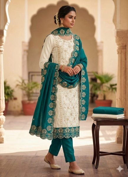 Enchanting Teal Blue Designer Vichitra Silk Dress Material with Embroidered Dupatta Color Set Matching Dress Material Wholesale