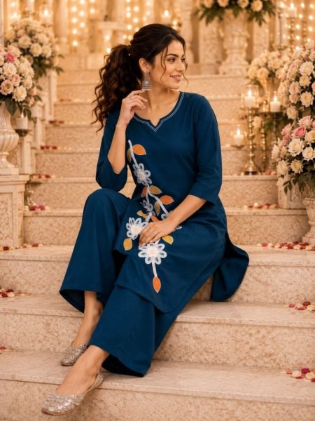 Enchanting Teal Blue Heavy Cotton Embroidered Top and Bottom Co Ord Set CO ORD Sets