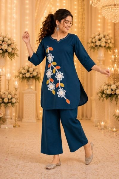 Enchanting Teal Blue Heavy Cotton Embroidered Top and Bottom Co Ord Set CO ORD Sets
