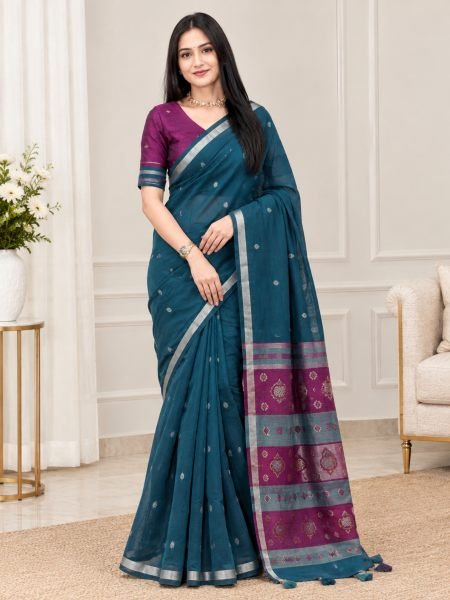 Enchanting Teal Blue Maheshwari Cotton Saree with Contrast Blouse at Wholesale Rate Sarees 