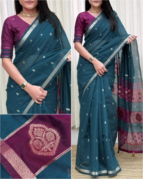 Enchanting Teal Blue Maheshwari Cotton Saree with Contrast Blouse at Wholesale Rate Printed Cotton Sarees Wholesale