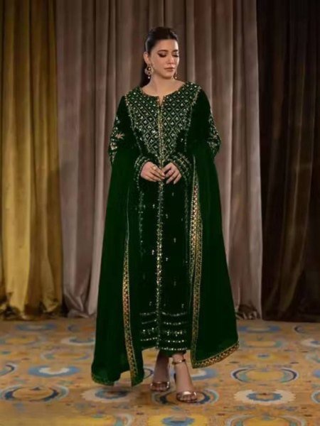 Enchanting Green Velvet Zari Embroidered Suit with Sequin Border Dupatta for Wholesaler at Manufacturer Rate  Winter Wear