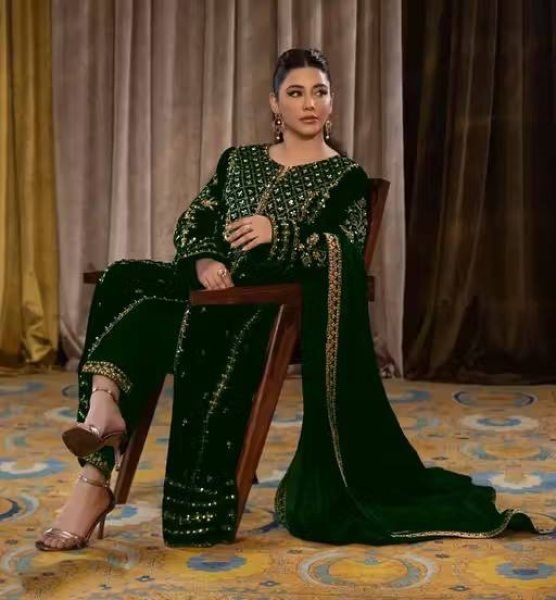 Enchanting Green Velvet Zari Embroidered Suit with Sequin Border Dupatta for Wholesaler at Manufacturer Rate  Ready To Wear Collection