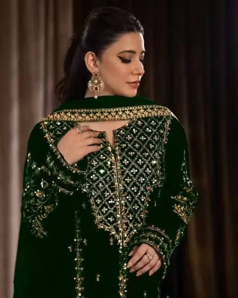 Enchanting Green Velvet Zari Embroidered Suit with Sequin Border Dupatta for Wholesaler at Manufacturer Rate  Ready To Wear Collection