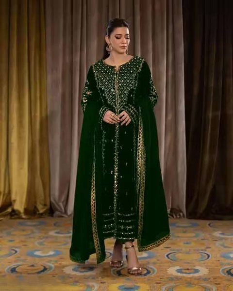 Enchanting Green Velvet Zari Embroidered Suit with Sequin Border Dupatta for Wholesaler at Manufacturer Rate  Ready To Wear Collection