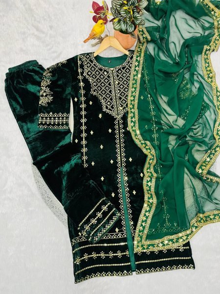 Enchanting Green Velvet Zari Embroidered Suit with Sequin Border Dupatta for Wholesaler at Manufacturer Rate  Ready To Wear Collection