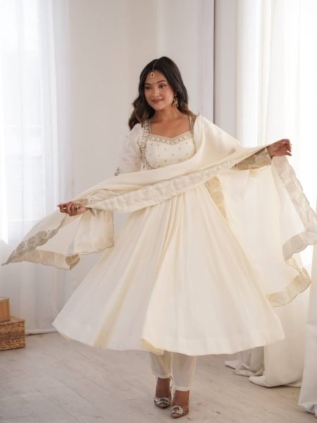 Enchanting White Designer Roman Silk Gown with Chanderi Embroidered Dupatta Ready To Wear Suit
