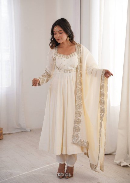 Enchanting White Designer Roman Silk Gown with Chanderi Embroidered Dupatta Ready To Wear Collection