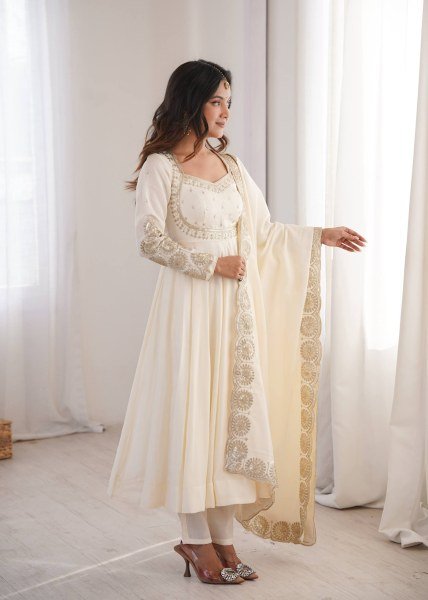 Enchanting White Designer Roman Silk Gown with Chanderi Embroidered Dupatta Ready To Wear Collection