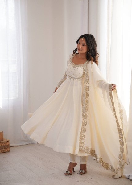 Enchanting White Designer Roman Silk Gown with Chanderi Embroidered Dupatta Ready To Wear Collection