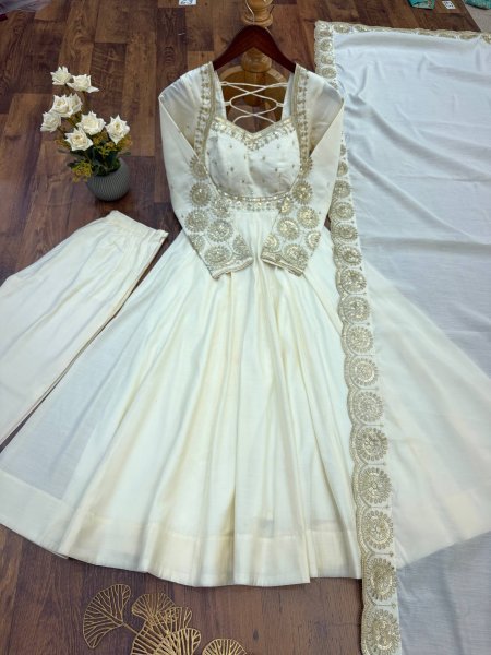 Enchanting White Designer Roman Silk Gown with Chanderi Embroidered Dupatta Ready To Wear Collection